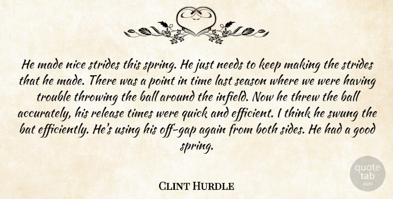 Clint Hurdle Quote About Again, Ball, Bat, Both, Good: He Made Nice Strides This...