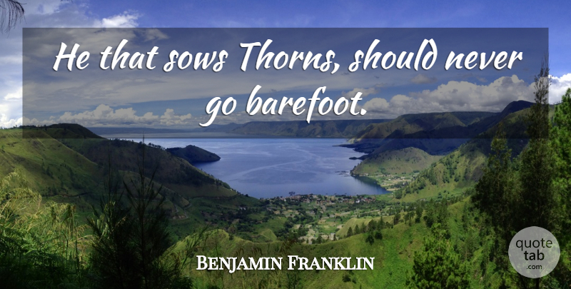 Benjamin Franklin Quote About Thorns, Should, Barefoot: He That Sows Thorns Should...