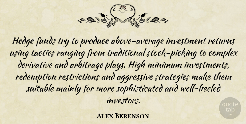 Alex Berenson Quote About Aggressive, Complex, Derivative, Funds, Mainly: Hedge Funds Try To Produce...