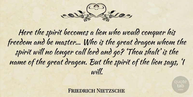 Friedrich Nietzsche Quote About Names, Dragons, Lions: Here The Spirit Becomes A...