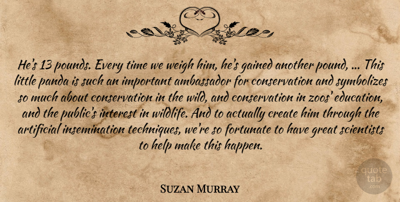 Suzan Murray Quote About Ambassador, Artificial, Create, Fortunate, Gained: Hes 13 Pounds Every Time...