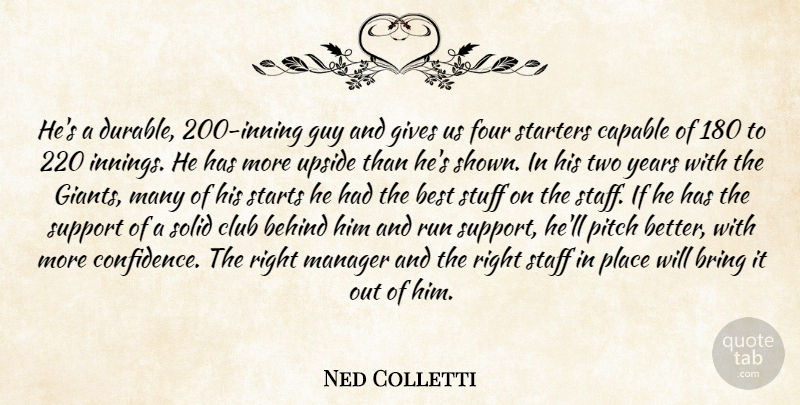 Ned Colletti Quote About Behind, Best, Bring, Capable, Club: Hes A Durable 200 Inning...