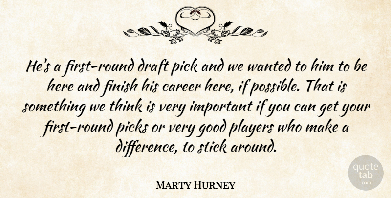 Marty Hurney Quote About Career, Draft, Finish, Good, Pick: Hes A First Round Draft...