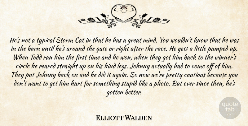 Elliott Walden Quote About Barn, Cat, Cautious, Circle, Gate: Hes Not A Typical Storm...