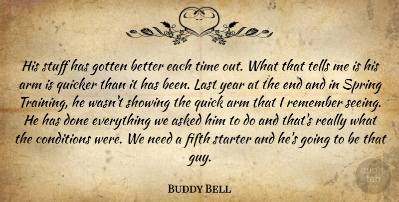 Buddy Bell Quote About Arm, Asked, Conditions, Fifth, Gotten: His Stuff Has Gotten Better...