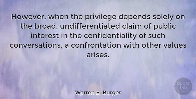 Warren E. Burger Quote About Claim, Depends, Interest, Privilege, Public: However When The Privilege Depends...