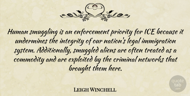 Leigh Winchell Quote About Brought, Commodity, Criminal, Exploited, Human: Human Smuggling Is An Enforcement...