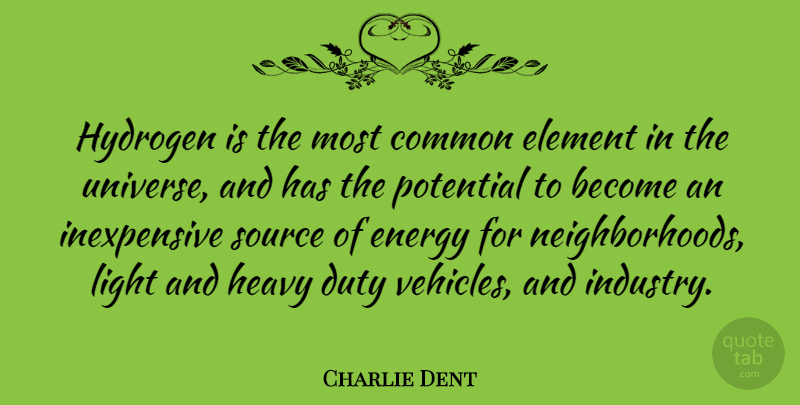 Charlie Dent Quote About Light, Hydrogen Fuel, Potential Energy: Hydrogen Is The Most Common...