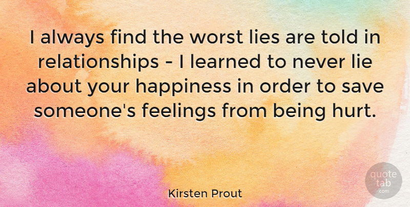 Kirsten Prout Quote About Feelings, Happiness, Learned, Lie, Lies: I Always Find The Worst...