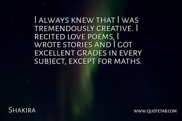 Shakira Quote About Excellent, Except, Knew, Love, Stories: I Always Knew That I...
