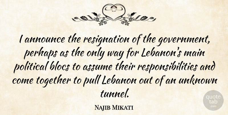 Najib Mikati Quote About Announce, Assume, Blocs, Government, Lebanon: I Announce The Resignation Of...