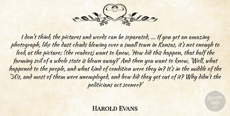 Harold Evans Quote About Act, Amazing, Blowing, Blown, Clouds: I Dont Think The Pictures...