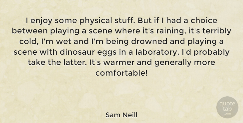 Sam Neill Quote About Rain, Eggs, Choices: I Enjoy Some Physical Stuff...