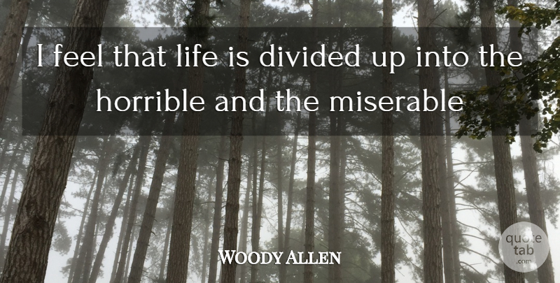 Woody Allen Quote About Divided, Horrible, Life, Miserable: I Feel That Life Is...