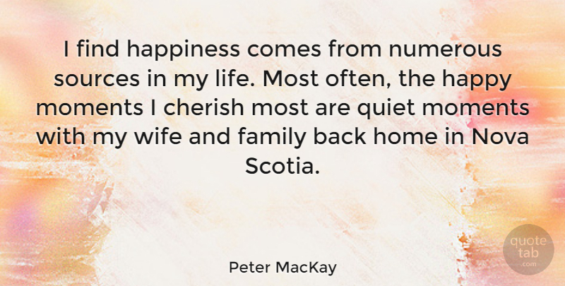 Peter MacKay Quote About Home, Quiet Moments, Wife: I Find Happiness Comes From...