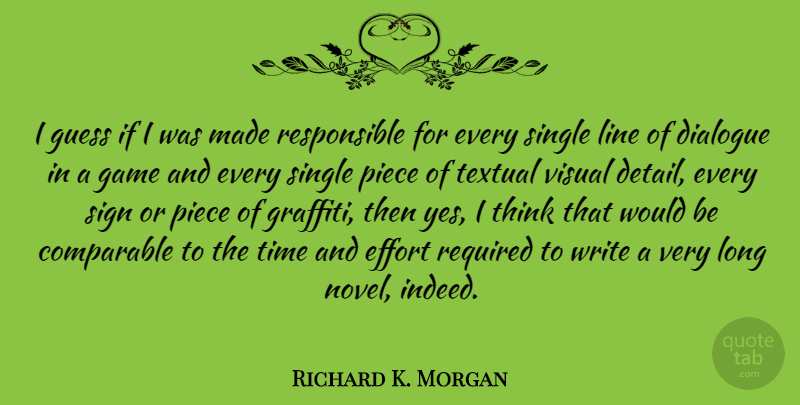 Richard K. Morgan Quote About Comparable, Dialogue, Guess, Line, Piece: I Guess If I Was...