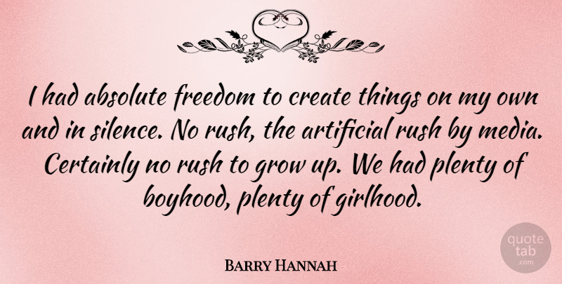 Barry Hannah Quote About Absolute, Artificial, Certainly, Create, Freedom: I Had Absolute Freedom To...