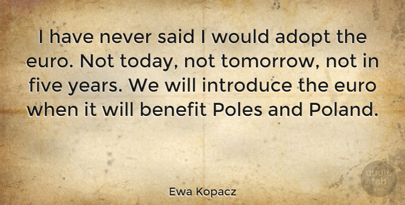 Ewa Kopacz Quote About Adopt, Benefit, Euro, Five, Introduce: I Have Never Said I...