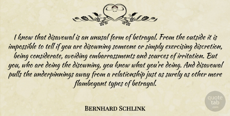 Bernhard Schlink Quote About Betrayal, Exercise, Irritation: I Know That Disavowal Is...