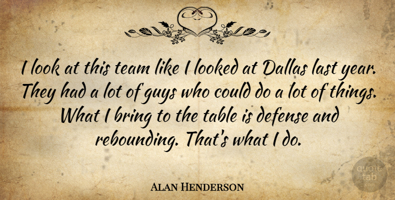 Alan Henderson Quote About Bring, Dallas, Defense, Guys, Last: I Look At This Team...