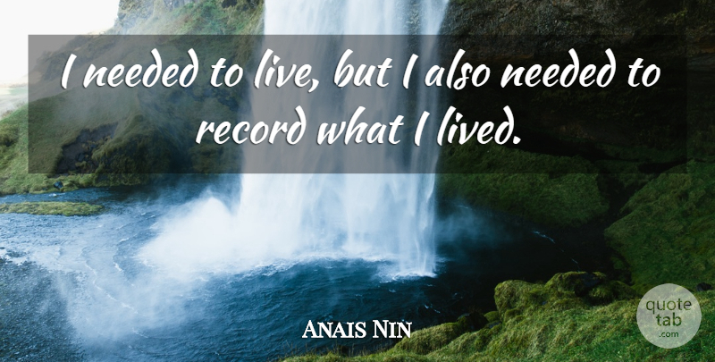 Anais Nin Quote About Writing, Records, Needed: I Needed To Live But...