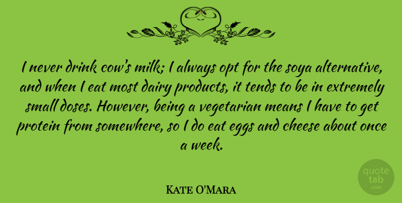Kate O'Mara Quote About Dairy, Drink, Eat, Eggs, Extremely: I Never Drink Cows Milk...