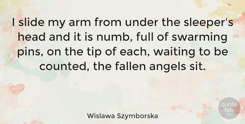 Wislawa Szymborska Quote About Angel, Hands, Waiting: I Slide My Arm From...