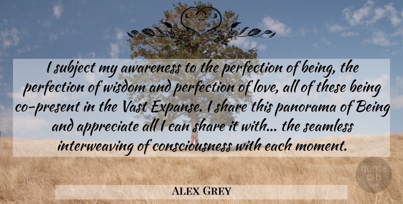 Alex Grey Quote About Appreciate, Awareness, Consciousness, Perfection, Seamless: I Subject My Awareness To...