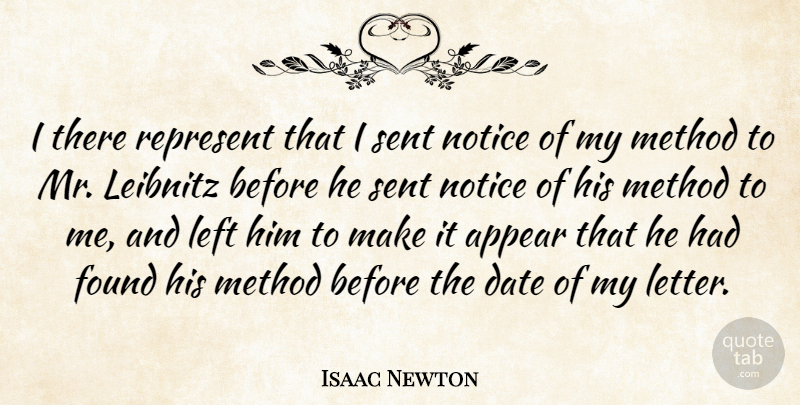 Isaac Newton Quote About Appear, Date, Left, Method, Notice: I There Represent That I...