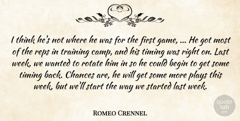 Romeo Crennel Quote About Begin, Chances, Last, Plays, Start: I Think Hes Not Where...