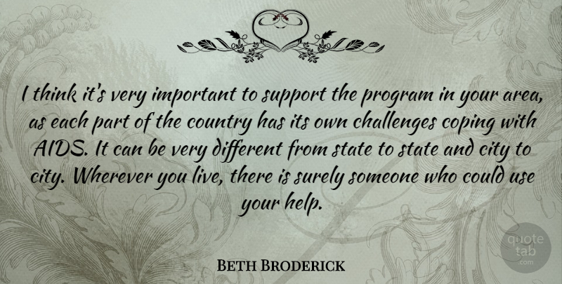Beth Broderick Quote About City, Coping, Country, Program, State: I Think Its Very Important...