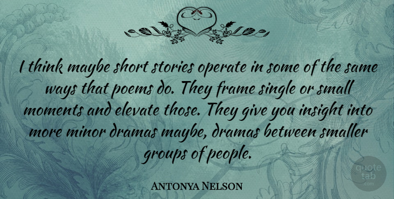 Antonya Nelson Quote About Dramas, Elevate, Frame, Groups, Insight: I Think Maybe Short Stories...