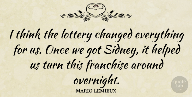 Mario Lemieux Quote About Thinking, Changed, Turns: I Think The Lottery Changed...