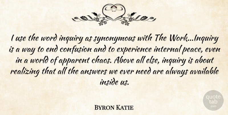 Byron Katie Quote About Confusion, Experience, Needs: I Use The Word Inquiry...