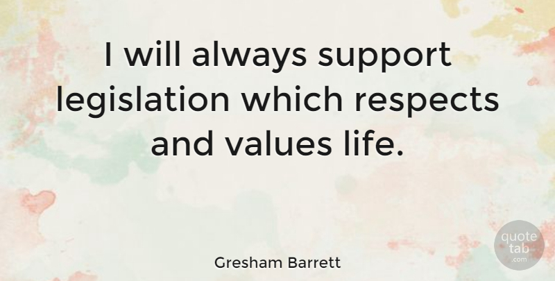 Gresham Barrett Quote About Support, Legislation, Values: I Will Always Support Legislation...