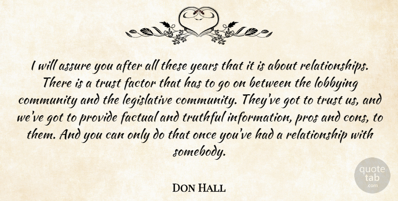 Don Hall Quote About Assure, Community, Factor, Factual, Pros: I Will Assure You After...