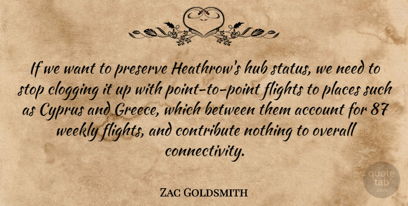 Zac Goldsmith Quote About Account, Contribute, Flights, Hub, Overall: If We Want To Preserve...