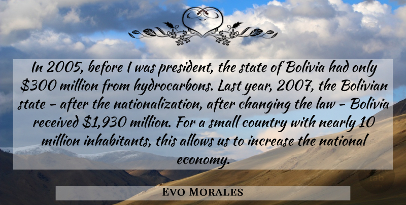 Evo Morales Quote About Bolivia, Changing, Country, Increase, Last: In 2005 Before I Was...