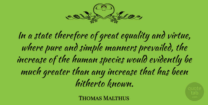 Thomas Malthus Quote About Equality, Simple, Virtue: In A State Therefore Of...