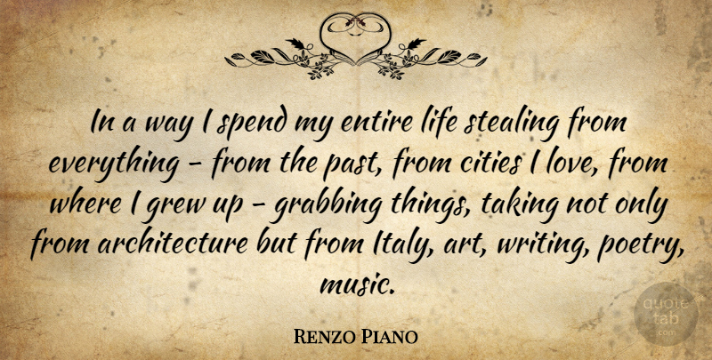 Renzo Piano Quote About Art, Writing, Past: In A Way I Spend...