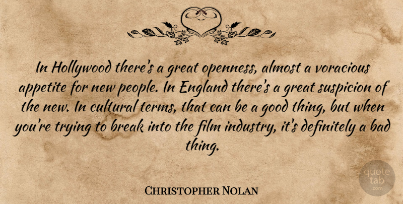 Christopher Nolan Quote About Almost, Appetite, Bad, Break, Cultural: In Hollywood Theres A Great...