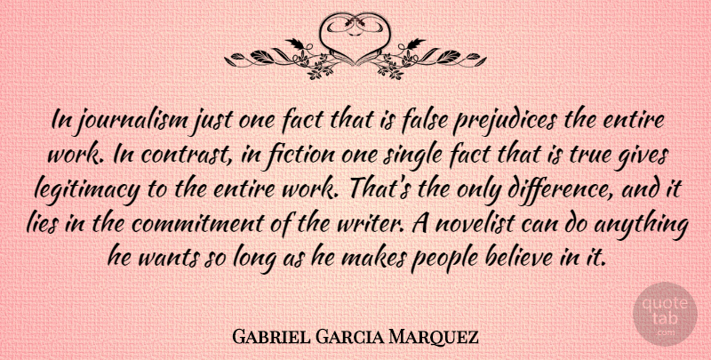 Gabriel Garcia Marquez Quote About Lying, Believe, Commitment: In Journalism Just One Fact...