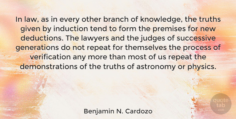 Benjamin N. Cardozo Quote About Astronomy, Branch, Form, Given, Judges: In Law As In Every...