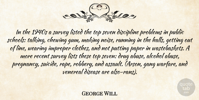 George Will Quote About Alcohol, Chewing, Discipline, Disease, Gang: In The 1940s A Survey...