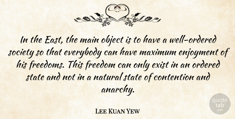 Lee Kuan Yew Quote About Contention, Enjoyment, Everybody, Exist, Freedom: In The East The Main...