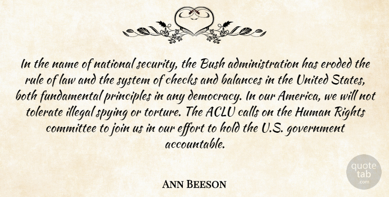 Ann Beeson Quote About Balances, Both, Bush, Calls, Checks: In The Name Of National...