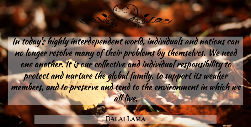 Dalai Lama Quote About Responsibility, Support, Needs: In Todays Highly Interdependent World...