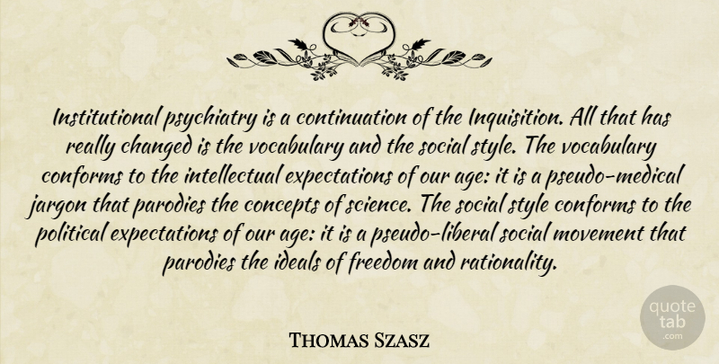 Thomas Szasz Quote About Vocabulary, Expectations, Political: Institutional Psychiatry Is A Continuation...