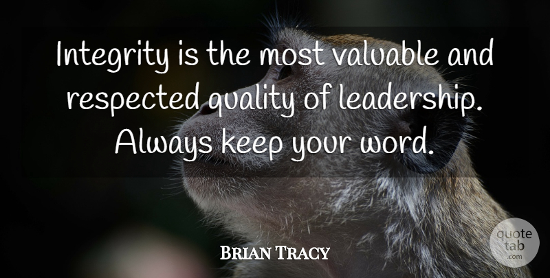 Brian Tracy Quote About Leadership, Integrity, Quality: Integrity Is The Most Valuable...