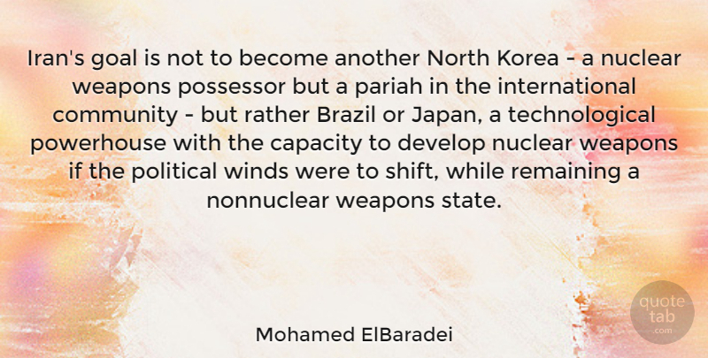 Mohamed ElBaradei Quote About Brazil, Capacity, Develop, Korea, North: Irans Goal Is Not To...